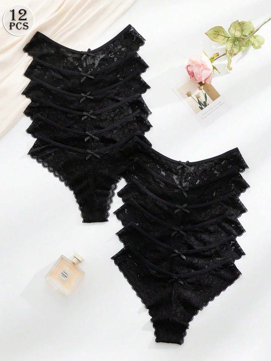 Set Of 12 Pieces Elegant And Comfortable Lace Panties For Women - 黑色 - 查看 1