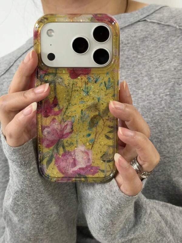 Ins Vintage Art Transparent Watercolor Floral Glitter Phone Case Compatible With Apple 17 Pro Max, 16, 17 Pro, 15, 16 Pro Max, Full Coverage Shockproof Protective Cover For Women