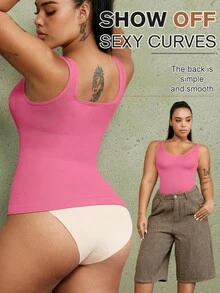 1pc Women's Seamless Black Plus Size Tummy Control Shapewear Top, Light Compression Waist Trainer - Pink - View 4