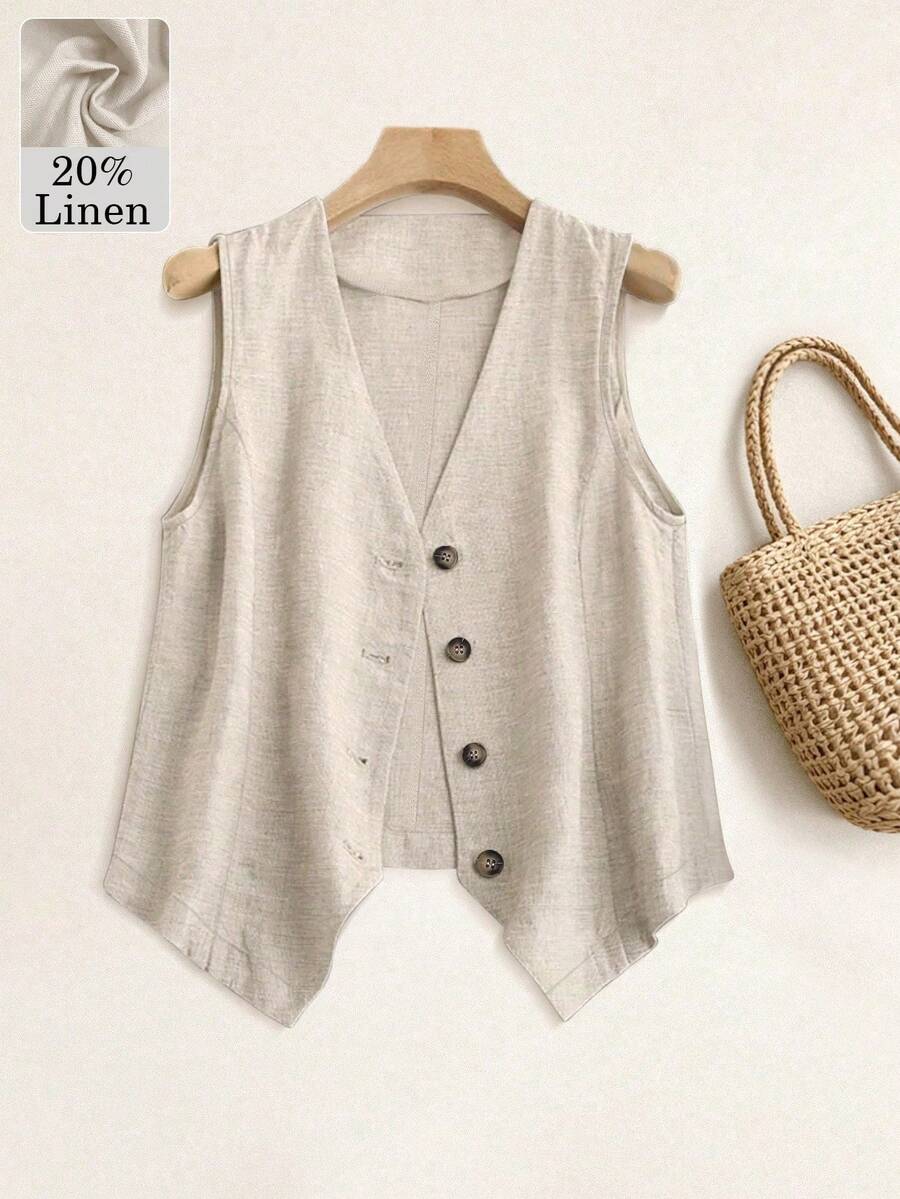 Women's Casual Linen Vest Jacket, Short Style For Spring & Summer Holiday - Grey - View 1
