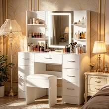 Dressing Table Makeup Vanity Table with Smart LED Mirror 6 Drawers and Stool Set, Vanity Desk Set with Large LED Lighted Mirror & Drawers Makeup Table - Dresser Vanity Makeup Desk Stool with LED Light Mirror Drawers Dressing Table - Blanco - Ver 3