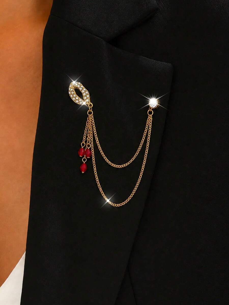 1 pieza Broche elegante con forma de labios de strass con cadena de borla roja, alfiler de cadena dorada de lujo exquisito, alfiler de solapa romántico para citas, accesorio universal para primavera, verano, otoño e invierno para Navidad y aniversario - Dorado - Ver 1