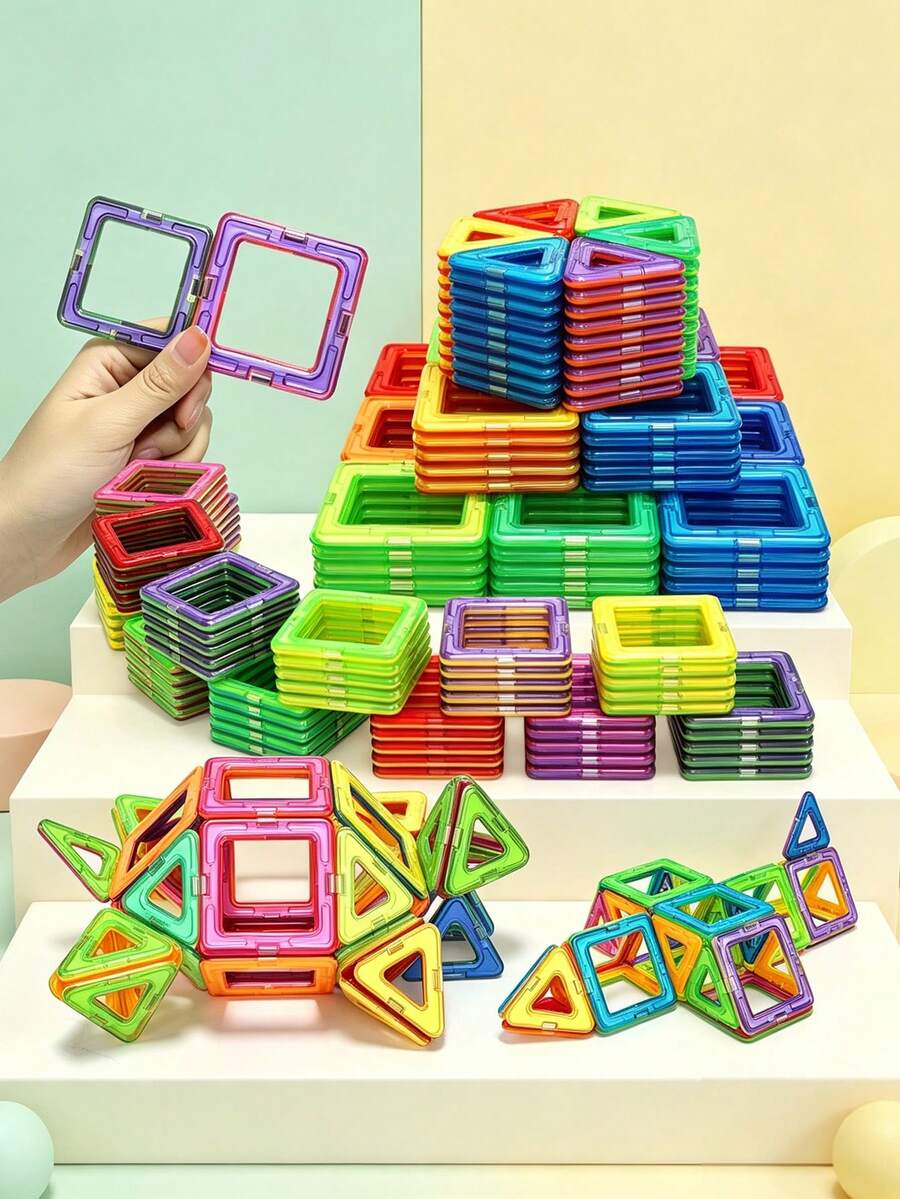 100/92pcs Magnetic Building Blocks, STEM Magnetic Sensory Toys, Suitable For Boys And Girls, Children's Magnetic Construction Toys, Helps Brain Development, Suitable For Preschool And Kindergarten (Suitable For 3 Years Old And Above) - 彩色 - 查看 1