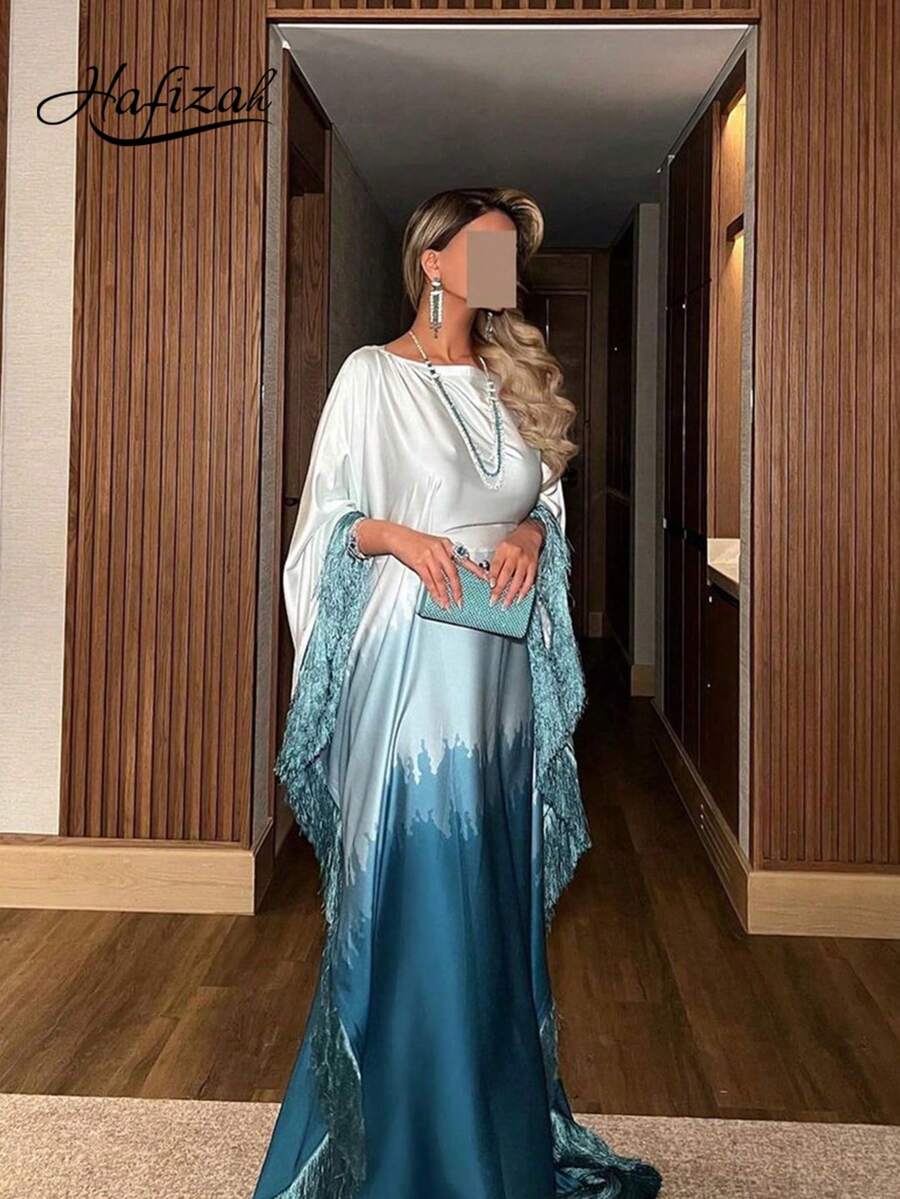 Hafizah 女款絲綢般漸層長裙-白色至粉紫色漸層阿巴雅,附流蘇飾邊,適合端莊場合 - 藍色 - 查看 1
