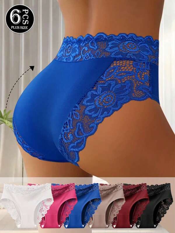 QUASTI 6 Pcs Women's Plus Size Lace Trim Panties, Floral Mesh Lace Spliced Soft Stretchy Briefs, Curvy Figure Daily Wear Ladies Underpants Multicolor Sets