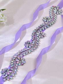 1pc Fairy-Like Light Purple Satin Ribbon Full Rhinestone Waist Belt, Bridal Waist Belt, Women's Waist Belt, Iridescent AB Color Floral Rhinestone Waist Sash - Multicolor - View 5