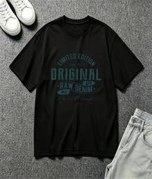 Distressed Vintage Limited Edition Original Raw Denim Letter Graphic Oversized Crew Neck Short Sleeve Women's T-Shirt Retro Urban Casual Wear Perfect Gift For Vintage Fashion Loving Women - 黑色 - 查看 2