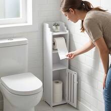 Senmeo 1Pc Slim Modern Freestanding Bathroom Storage Cabinet, Waterproof Narrow Side Organizer With Door, Built-In Toilet Paper Holder & Shelves, For Small Apartment Bathrooms, Father's Day Gift - White - View 3