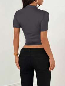 Women's Solid Color Hollow Out Cropped Sexy Blouse, Suitable For Beach & Vacation Summer - Dark Grey - View 8