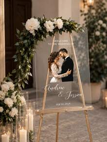 1PC Customizable Photo & Text Acrylic Wedding Welcome Sign, Personalized Happy Life Decor Plaque, Suitable For Wedding Venue Decoration, Wedding Decor, Wedding Welcome Sign, Customized Wedding Crafts - Multicolor - View 6