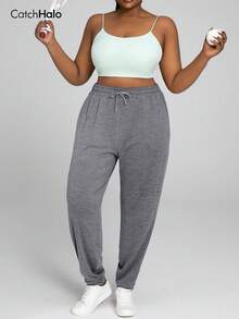 Plus Size Drawstring Solid Color Loose Jogger Pants With Pockets Spring Sports - Grey - View 8