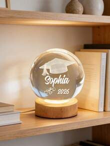 1pc Customized Name Text 3D Laser Engraved Graduation Cap Diploma Crystal Ball Night Light, Natural Wood USB Base, Warm LED Soft Light Graduation Commemorative Gift, University High School Graduate Gift, Dorm Desk Decor, Bedside Atmosphere Lamp, Graduation Party Tabletop Ornament - Multicolor - View 4