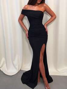Fashion Sexy Backless One Shoulder Strapless Slit Ruched Elegant Long Bodycon Dress Summer Dress Black Evening Party Dress For Women Clothes - Black - View 5