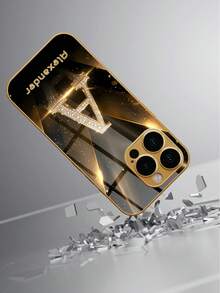 1件 DIY 字母與姓名黑金星光字母圖案奢華高端商務 HD 電鍍金玻璃手機殼，適用於 Apple 17ProMax/16 Pro Max/15/14 Plus/13 Pro/12 Pro Max/11/XsMax/8/7/6Plus，時尚、多彩、可愛、有趣、極簡配對手機殼 - 金色 - 查看 3