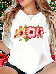 Camiseta de Verano 2026, Talla Grande, Estampado de Flor de Hibisco, Estilo Tropical, Cuello Redondo Blanco, Manga Corta - Lavable a Máquina, Ideal para Fiestas,100% algodón - Blanco - Ver 1