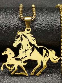 Horse Pendant Necklace For Men, Stainless Steel Double Horse Charm Necklace, Equestrian Animal Pendant Chain Jewelry Gift - Silver - View 4