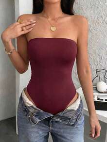 Bodysuit Feminino Sem Alças de Cor Sólida, Versátil para Uso Diário, Sexy & Fashion Verão - Vinho - Visão 5