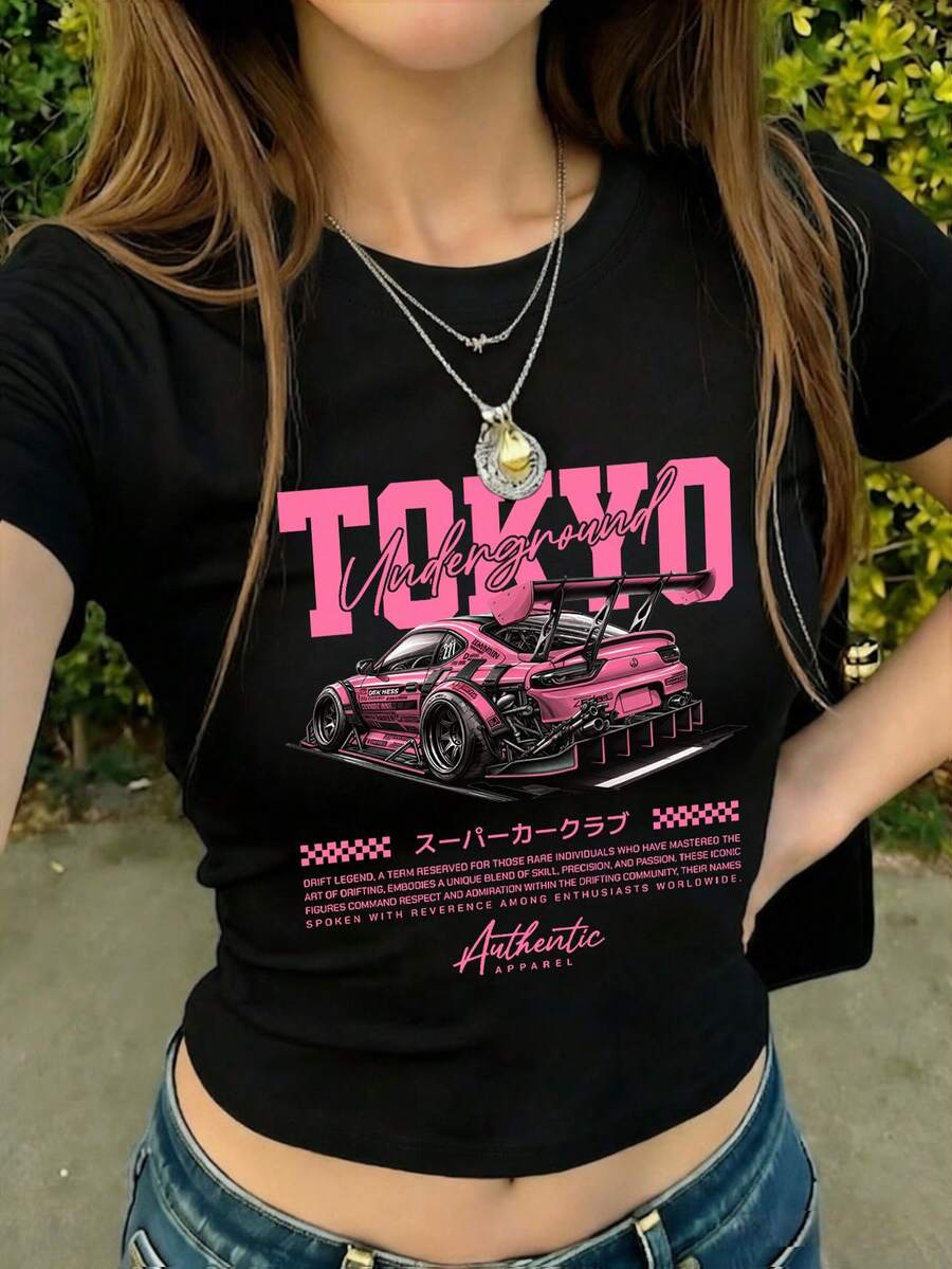 女款圓領短袖T恤,夏季新款賽車圖案與字母印花時尚修身短版上衣,適合日常休閒穿著,黑色,Y2K風格 - 黑色 - 查看 1