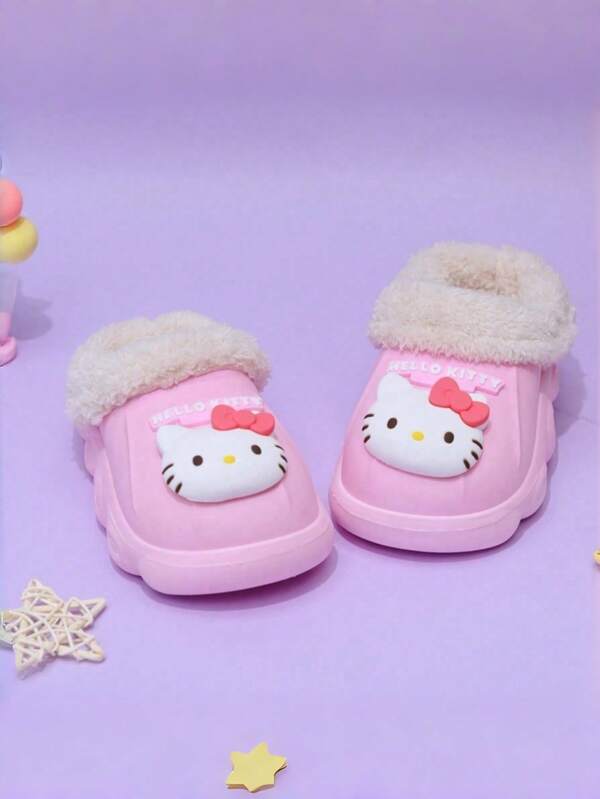 SANRIO New Autumn/Winter Kids Plush Slippers, Cute Cartoon Hello Kitty Design, Soft Sole Children's Slippers, Detachable Fleece Lining For Easy Cleaning