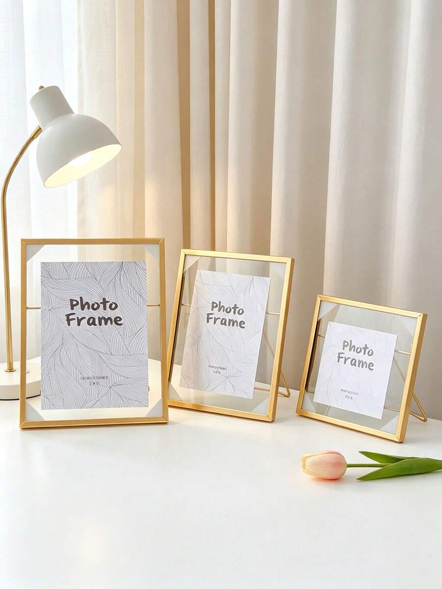 1 pieza Marco de fotos de vidrio transparente de metal hecho a mano con planta de flor seca para exhibición de escritorio, decoración floral dorada - Multicolor - Ver 1