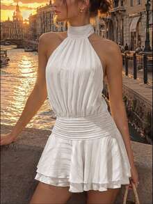 Spring/Summer Spaghetti Strap Backless Mini Dress - Sexy & Charming Style, Slim Fit Waist Design | Versatile For Daily Commute, Party, Holiday Women's Clothing - White - View 1