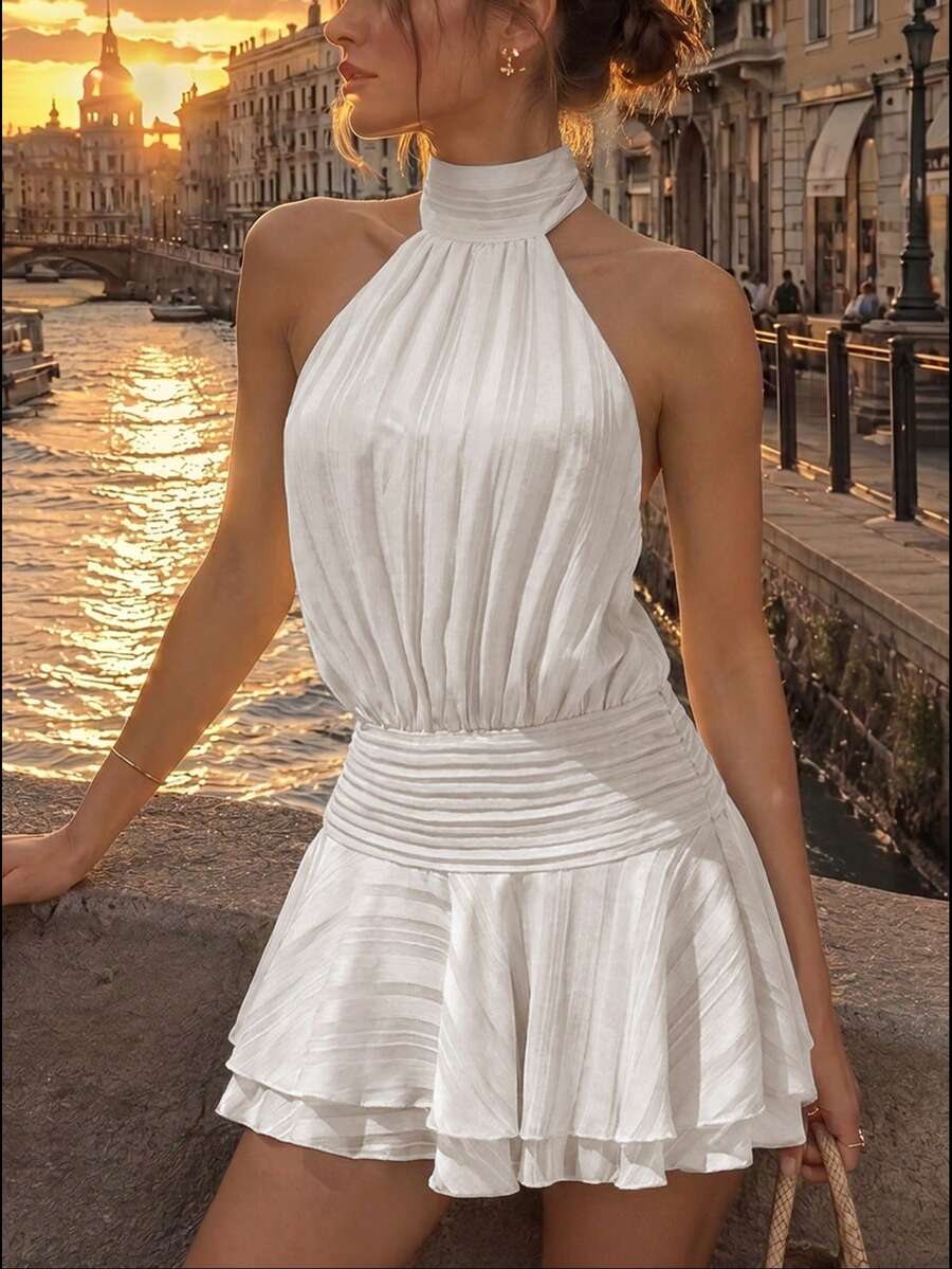 Spring/Summer Spaghetti Strap Backless Mini Dress - Sexy & Charming Style, Slim Fit Waist Design | Versatile For Daily Commute, Party, Holiday Women's Clothing - White - View 1