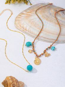 2pcs/Set Beach Vacation Style Colorful Rope Woven Seashell/Shell/Starfish Necklace Suitable For Women's Daily/Vacation Wear - Multicolor - View 4