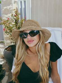 1pc Women's Foldable Wide Brim Sun Hat, Lightweight Khaki Straw Hat, Suitable For Summer Travel, Portable Design Bucket Hat, Best Back To School Gift - Multicolor - View 2