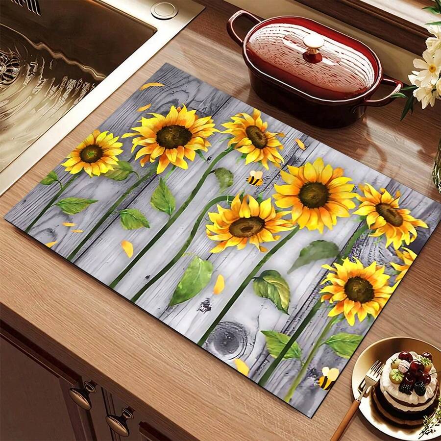 1pc Wood Grain Sunflower Diatomaceous Earth Kitchen Countertop Mat, Highly Absorbent, Suitable For Tableware, Coffee Machine, Microwave, Etc. Fashionable Watercolor Design, Ideal Choice For Modern Kitchen.