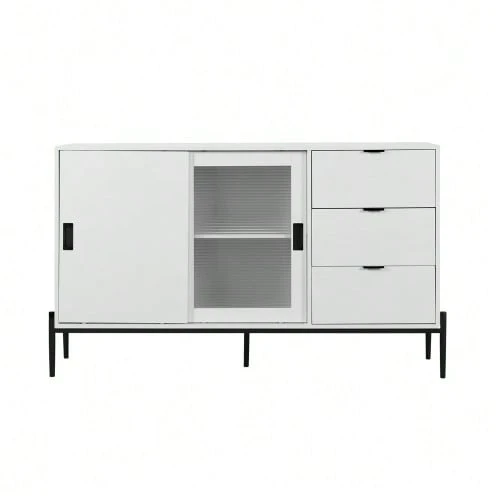 Modern Sideboard With Sliding Glass Door And 3 Drawers, Entryway Console, Kitchen Cabinet For Hallway, Entryway, Kitchen, Office, White - White - View 1