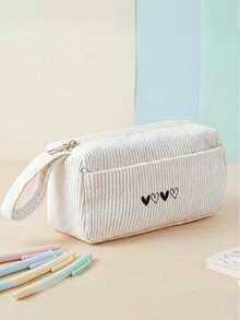 1pc Love Print Coarse Corduroy Zipper Pencil Case, Large Capacity Stationery Organizer,Case With Side Pocket & Handle, Multi-Use Storage Bag For School, Office & Personal Small Items - C-sTGCBD - View 11
