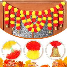 2pcs Artificial Marigold Flower Garland With Gold Bells, 59 Inch Hanging Rope, Suitable For Diwali, Wedding And Festival Decoration, Long Hanging Rope, Suitable For Day Of The Dead, Altar, Halloween And Mexican Style Decoration - Marigold - View 12