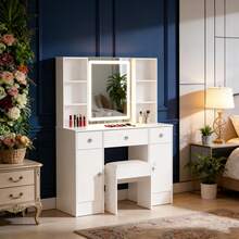 Large LED Mirror Dressing Table 3 Light Modes 2 Cabinets With Stool Vanity Set - Vanity Set Make Up Dressing Table Dresser Desk With Stool With LED Lighted Mirror - Vanity Makeup Desk Large Dressing Table With LED Bulbs Mirror 3 Drawers With Stool - - White - View 7