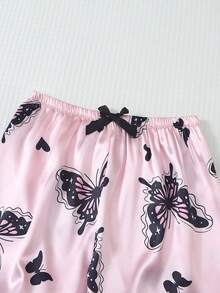 2pcs Women's Satin Butterfly Print Pajama Set, Long Sleeve Lapel Top And Bowknot Long Pants - Pink - View 9