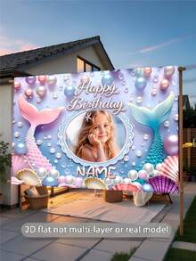 1件可客製化姓名與照片夢幻美人魚主題生日背景布，漸層魚尾彩色仿珍珠貝殼設計，個性化姓名美人魚主題生日派對蛋糕砸碎攝影裝飾橫幅，乙烯基材質，兒童藝術活動 - 紫色 - 查看 5