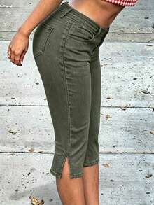 Jeans Capri de Mezclilla Retro Callejero de Tiro Medio Elástico con Abertura 3/4 Ajuste Slim Casual para Salidas y Citas de Verano/Primavera - Verde militar - Ver 3