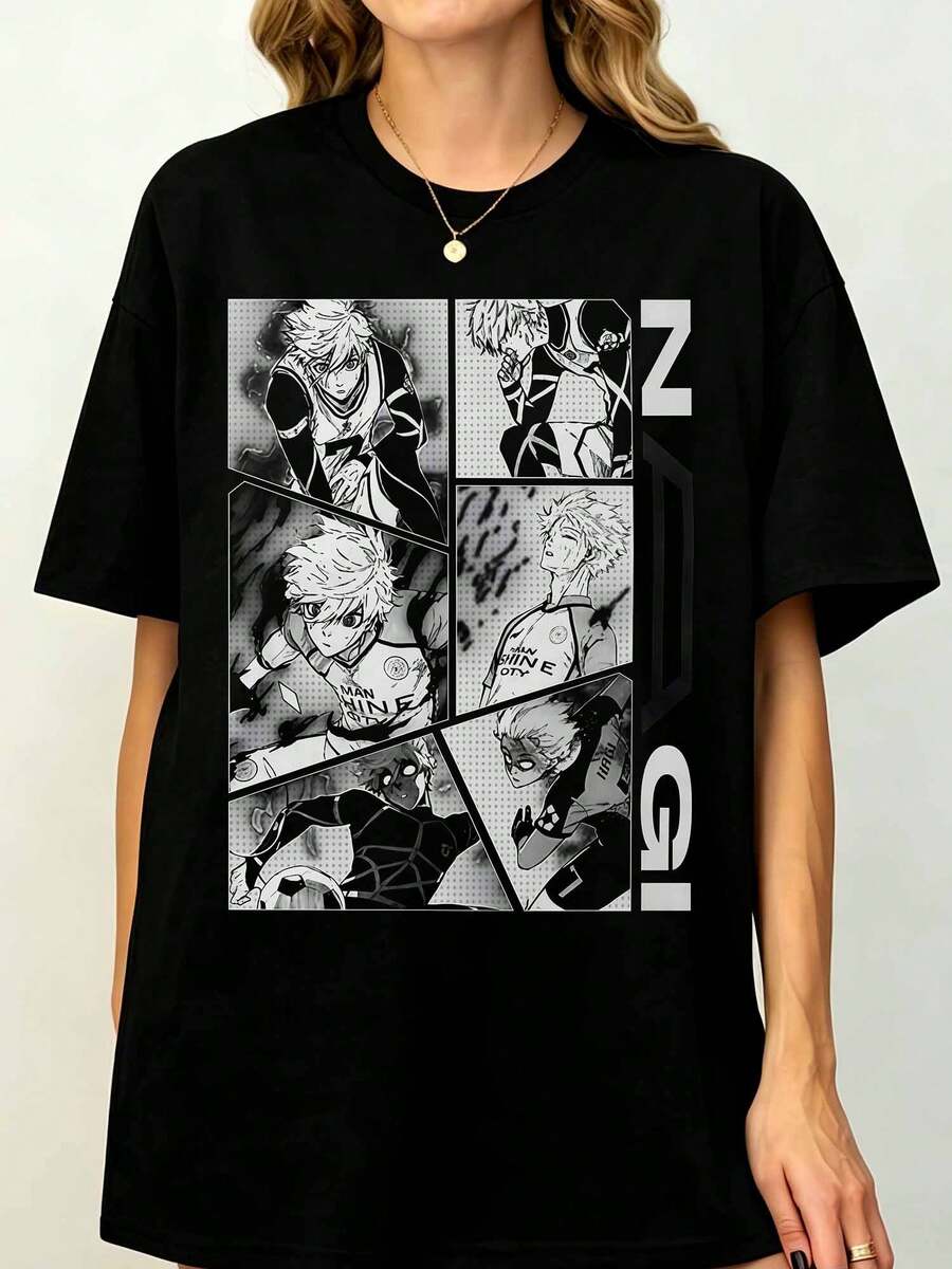Blues Locks Ispirato Anime, Stampa Scena Manga Multi Pannello Seishiro Nagi, T-Shirt Maniche Corte Unisex, Abbigliamento Casual Anime Calcio - nero - Visualizzare 1