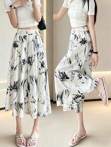 Women's Chinese Ink Floral Print Wide Leg Midi Skirt, High Elastic Waist Flowy A-Line Casual Summer Wide Leg Pants Black - Black - View 3