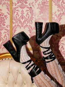 Womens's Ballet Pumps Sweet Lace Up Chunky High Heel Pumps Cute Platform Heels Bow Ribbon Pumps Closed Toe Party Dress Wedding Party Y2K Shoes - 黑色 - 查看 11