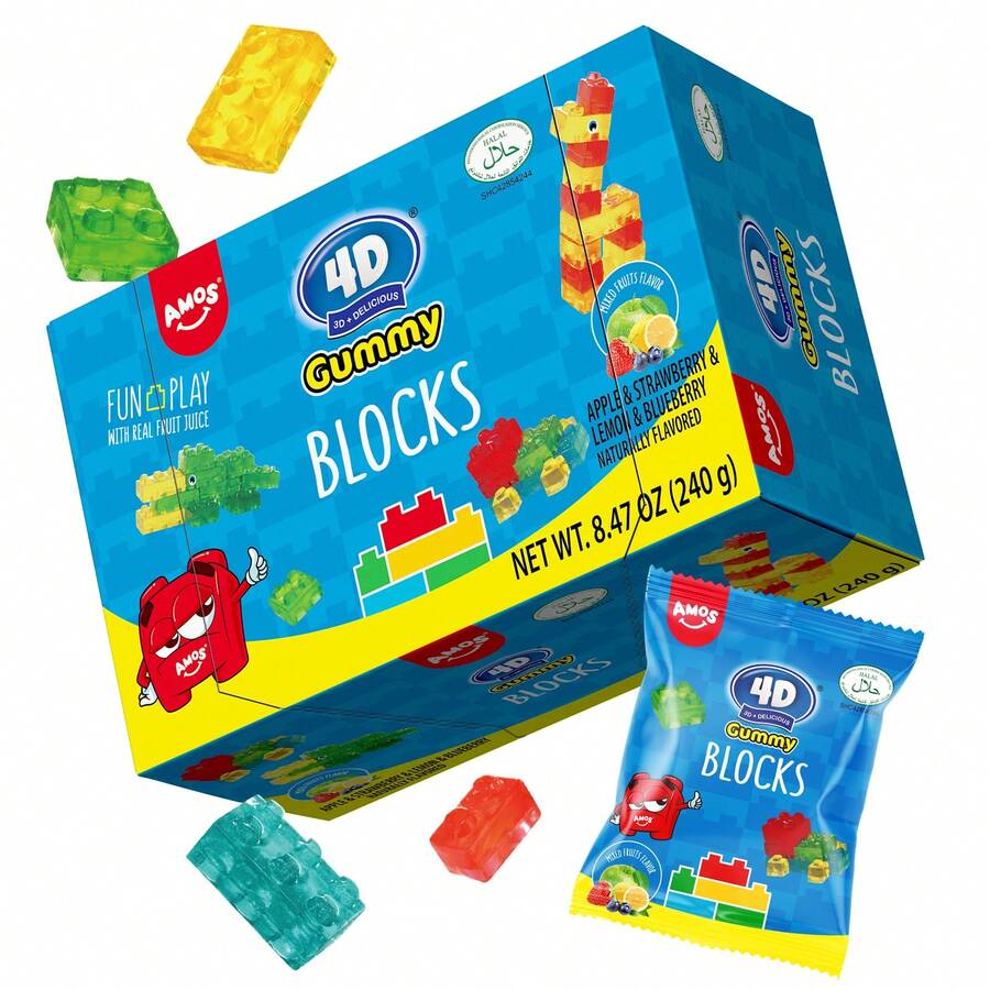 AMOS 4D Halal Gummy Blocks Candy Bricks, Edible Building Blocks, Individually Wrapped On The Go Snacks, 8.47 Oz (240g) - Mixed Fruity - 1pc - View 1
