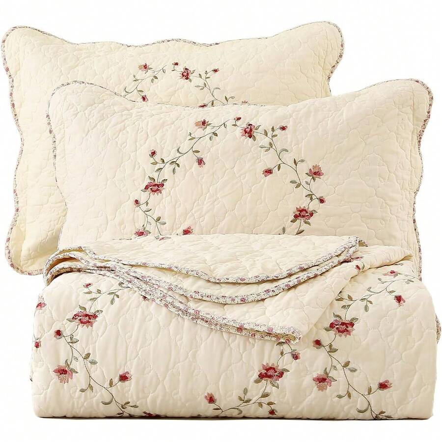 vctops Juego de colcha de 3 piezas con bordado floral, 100 % algodón, reversible, 1 edredón y 2 fundas de almohada, matrimonial/queen, flores - Flor - Ver 1