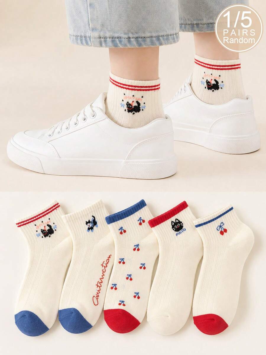 1/5 Pairs Women's Random Cartoon Cat Cherry Bow Solid Color Fashion Low-Cut Short Socks, Soft Comfortable Breathable Cute All-Season Versatile Preppy Style Minimalist Suitable For Daily Wear And Outings - Multicolor - View 1