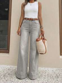 Women's Casual Washed Loose Wide Leg Denim Jeans Fall - Light Grey - View 2