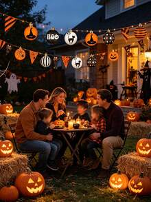 40pcs/Set Halloween Hanging Ball Decorations, Black Orange White Spider Web Witch Hat Black Cat Boo Pumpkin Pattern Spherical Ornaments, Outdoor Garden Tree Decor, Halloween Party Home Front Porch Decoration, Halloween Spherical Pendant Decorative Supplies - Multicolor - View 5