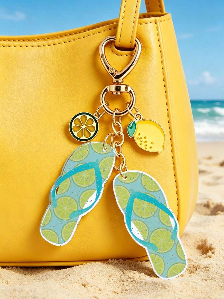 Vigour Summer 可愛檸檬拖鞋與切片檸檬鑰匙圈－夏季海灘主題多功能包飾吊飾，附檸檬吊墜，金色琺瑯熱帶水果鑰匙環，適用於背包、鑰匙與車鑰匙，適合海灘旅行、夏季假期、日常出遊與旅行，女性、女孩、水果與海灘愛好者、時尚人士首選，亦適合作為復活節、生日、畢業、情侶禮物與返校季禮物