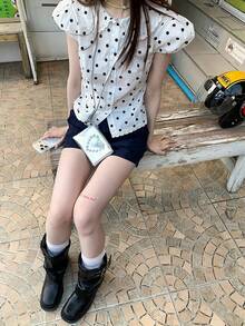 韓式甜美彼得潘領波點短袖女款上衣，夏季優雅收腰顯瘦短版襯衫，白色 - 白色 - 查看 5