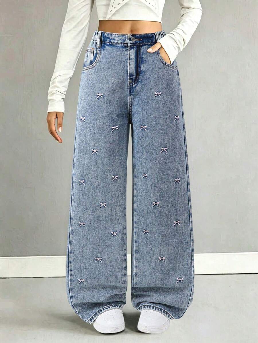 Celana Jeans Bordir Pita Gaya Kasual untuk Remaja Perempuan - Biru - View 1