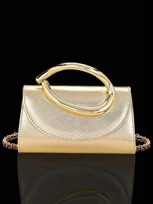 REMANLAND European And American Fashion Metal Decor Mini Box Clutch, Shiny Metal Strip Inlaid, Elegant Luxury Metal Texture Handbag, Paired With Shiny Gold Rhinestone Jewelry 3 Pieces Set, Rhinestone Pendant Necklace, Earrings, Bracelet, Suitable For Evening Occasions - Gold - View 2
