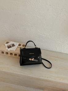 Bolso de mano de moda de unicolor con solapa de PU en relieve y cierre de metal - Negro - Ver 6