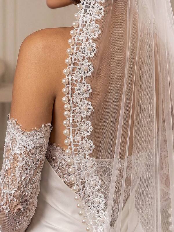 Vintage Lace Pearl Trim Face Veil, Korean Style Short Lightweight Wedding Veil Photography Accessory
